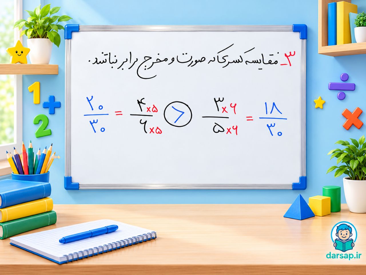 آموزش مقایسه کسرها کلاس چهارم (مقایسه دو کسر با صورت و مخرج نامساوی)