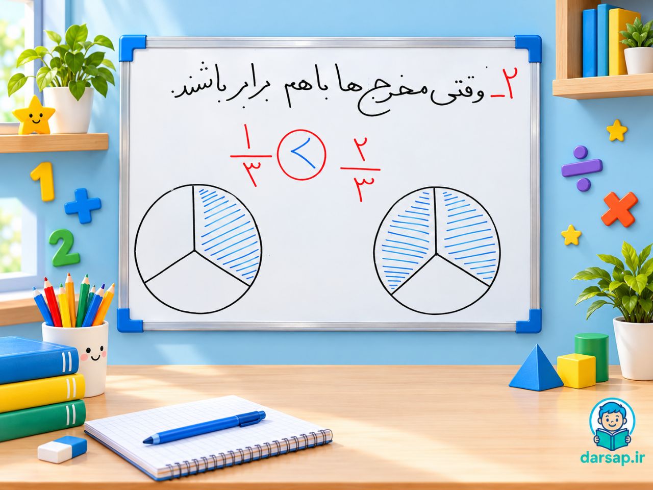 حالت دوم: مقایسه کسرها با مخرج‌ های برابر 